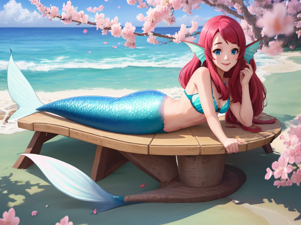 masterpiece, best quality:1.2), 1girl, smile, looking at viewer, blue eyes, sakura minamoto, ahoge, mermaid, blue mermaid tail, laying on beach, fin ears, head fins, seashell bra, under cherry blossoms