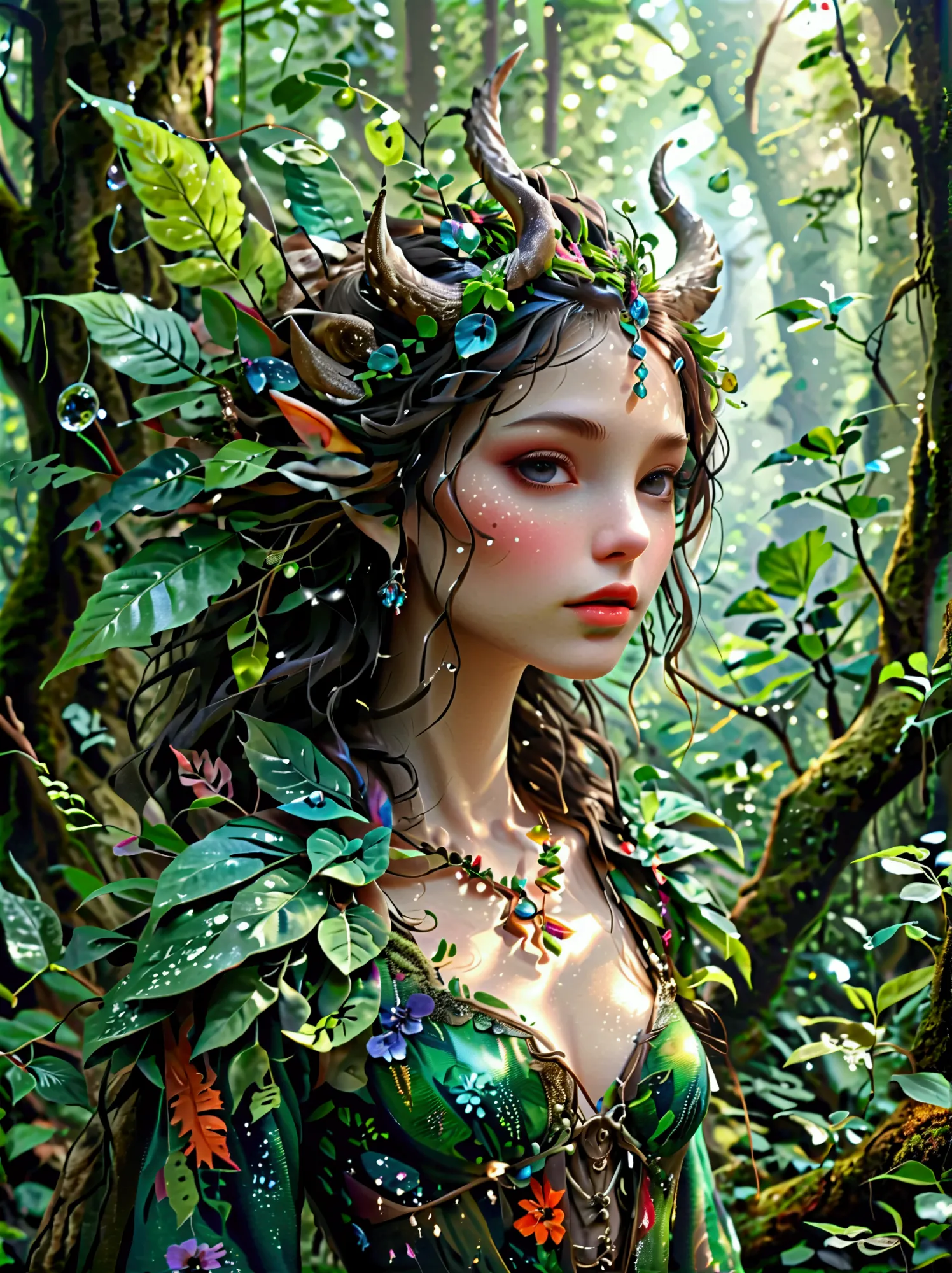 a fantastical creature with feminine qualities stands in a mystical forest. she has voluminous hair, captivating eyes, and adorn...