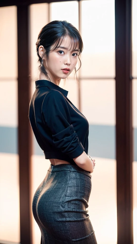 Lee Ji Eun (Best quality, 8k, 32k, Masterpiece, UHD:1.2), ((Composition from head to thighs:1.5)), ((backwards:1.8, Point your small tiny butt at the camera:0.8, Japanese-style room at the ryokan:1.8)), ((office short shirt and long pencil skirt:1.8)), (smile:1.5), erect nipples, 1 girl, solo, 18-year-old, 7 head and body, Ideal flat ratio body proportions, black hair, With bangs, small breasts, slender, small butt, beautiful feet, skinny legs, Surrealism, cinematic lighting, Depth of bounds written, first person perspective, Breasts F/1.8, 135mm, ticker, muste piece, curate, ((anatomically correct:1.3)), textured skin, super detail, high details, high quality, Awards, best quality, High resolution, 8K