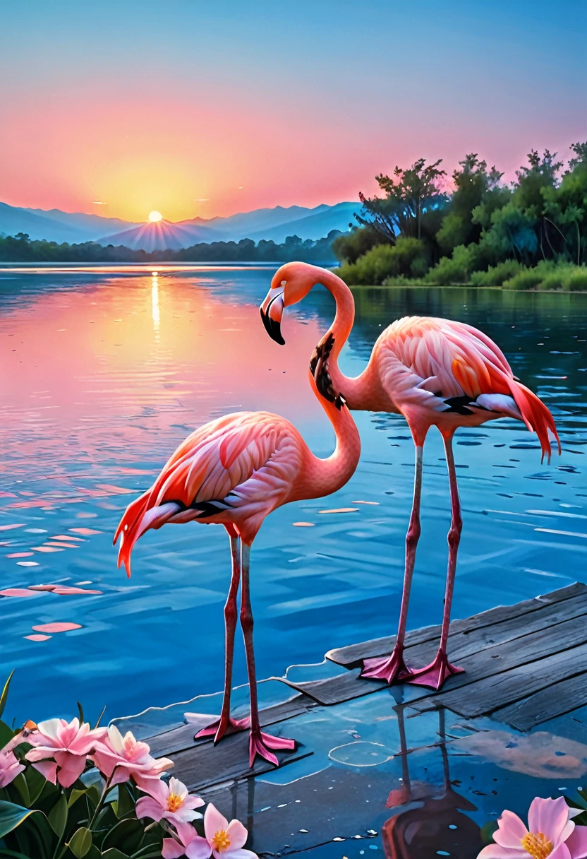 obra de arte, Alta resolución, muy detallado, un par de flamencos rosados ​​en los rayos del amanecer en un lago azul,