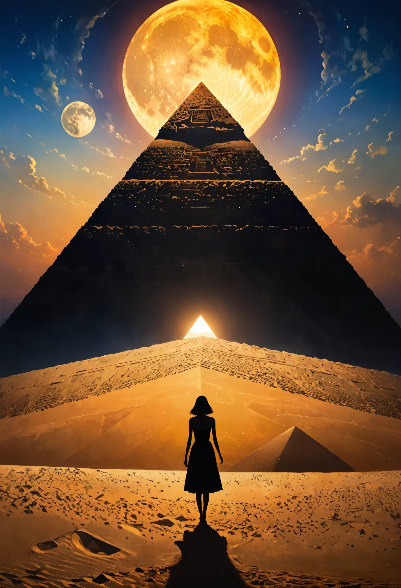 Mysterious Landscape Photography，Cartoon oil painting style，Mysterious silhouette woman，（Light shining on the pyramid prism，Dark Side of the Moon），goddess，Tempting，author：Lee Min-jae，Kahn Griffiths，Emily Kyle，Steve McCurry，Geoffroy Torrens，Aaron Hawkey，Jordan Grimmer，Greg Rutkowski，Amazing depth，Double contact，Surrealism，Geometric patterns，Intricate details，Bokeh，Perfect balance，Deep and thin border，Artistic realism， Engineering Manager Proficiency、Great masterpiece