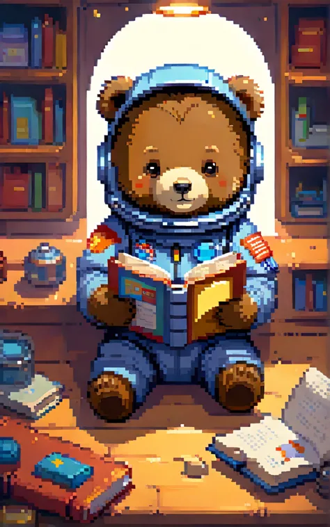 cute cartoon style 1.3，there is a cute bear lying down and reading a book in his hands，wearing a full space suit1.2，has nice fur...