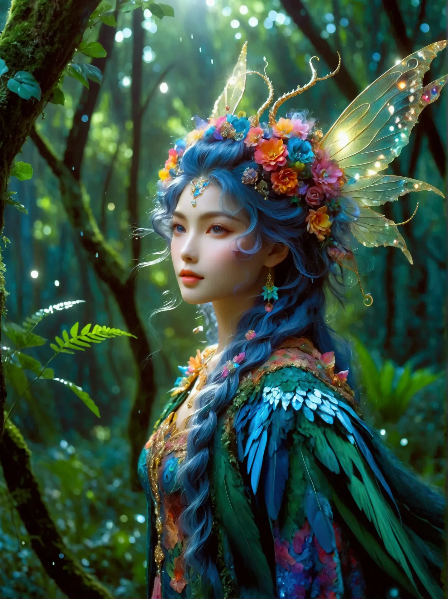 A fantastical creature with feminine qualities stands in a mystical forest. She has voluminous hair, captivating eyes, and adorn...