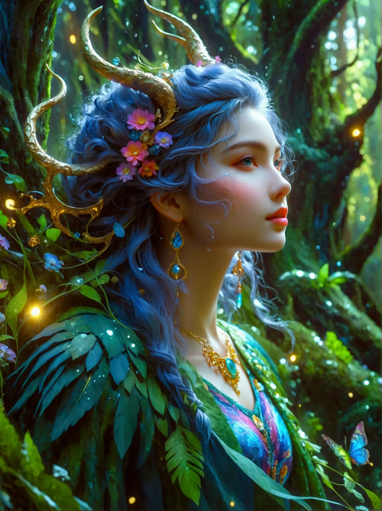 a fantastical creature with feminine qualities stands in a mystical forest. she has voluminous hair, captivating eyes, and adorn...