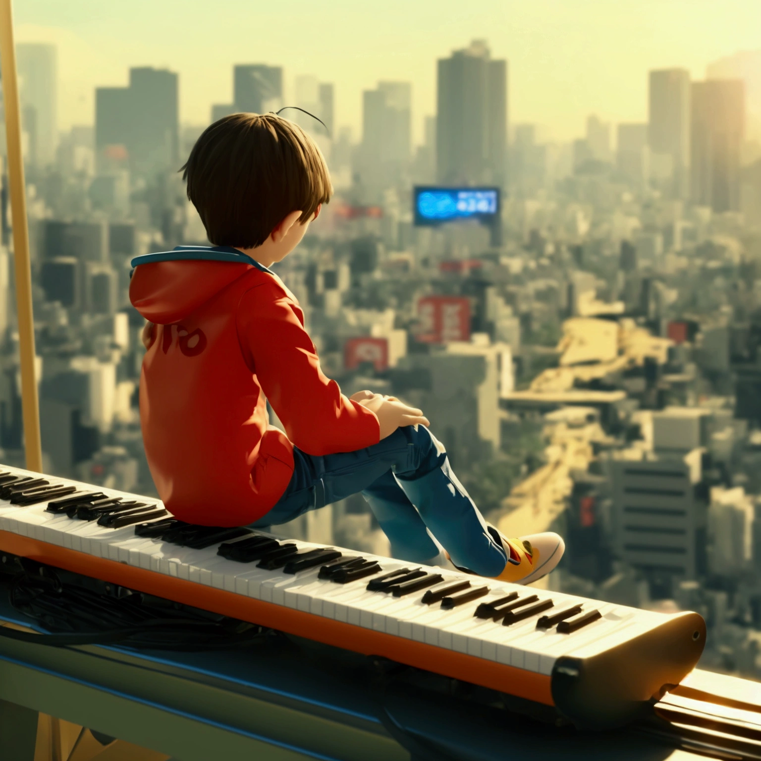 a young boy sitting on a flying keyboard, 1970s tokyo cityscape, frutiger aero font aesthetic, highly detailed, photorealistic, cinematic, dramatic lighting, vibrant colors, award winning 3d art