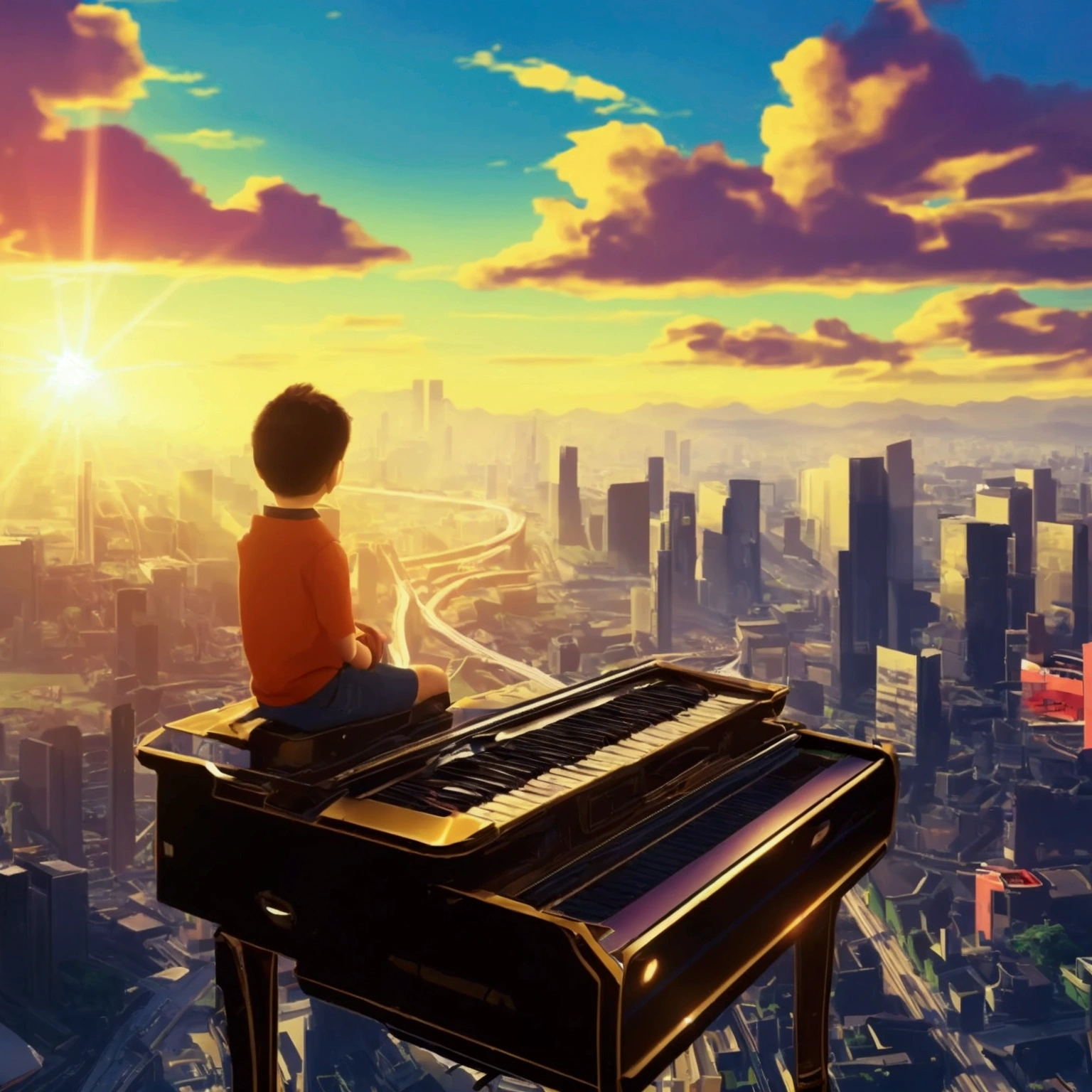 a young boy sitting on a flying keyboard, 1970s tokyo cityscape, frutiger aero font aesthetic, highly detailed, photorealistic, cinematic, dramatic lighting, vibrant colors, award winning 3d art