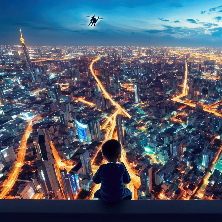 a young boy sitting on a flying keyboard, 1970s tokyo cityscape, frutiger aero font aesthetic, highly detailed, photorealistic, cinematic, dramatic lighting, vibrant colors, award winning 3d art