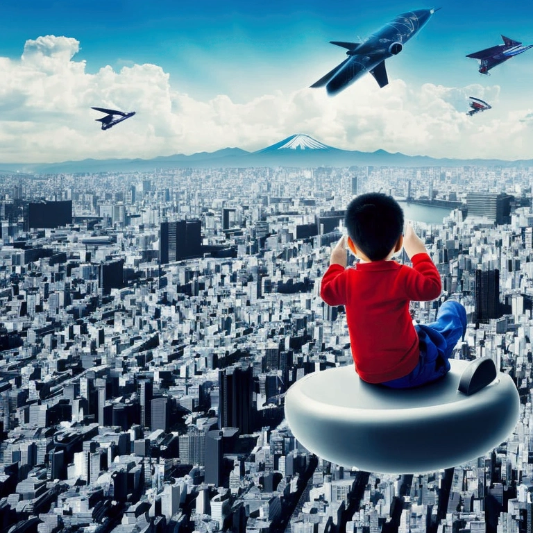 a young boy sitting on a flying keyboard, 1970s tokyo cityscape, frutiger aero font aesthetic, highly detailed, photorealistic, cinematic, dramatic lighting, vibrant colors, award winning 3d art