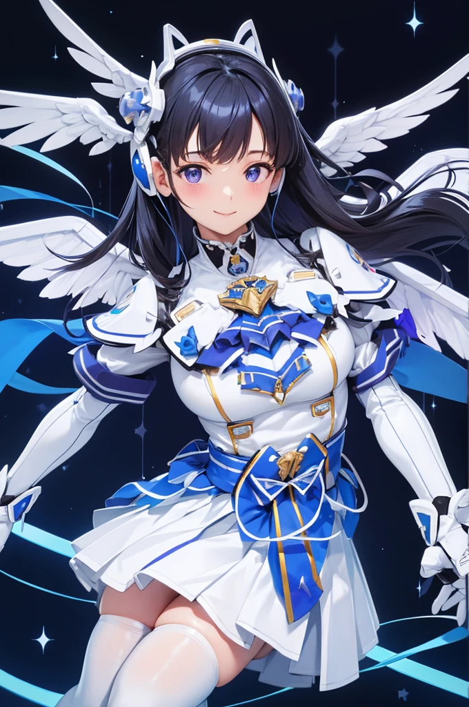 Mecha Wings、White and blue skirt、Accentuated thighs、White tights、chest、Beautiful black hair、1 girl、solo girl、Thick thighs、is、Frame Arms Girl、Alice Gere Aegis、White Armor、Blue and purple lines、income、headphone、hand on own chest、smile、idol costume