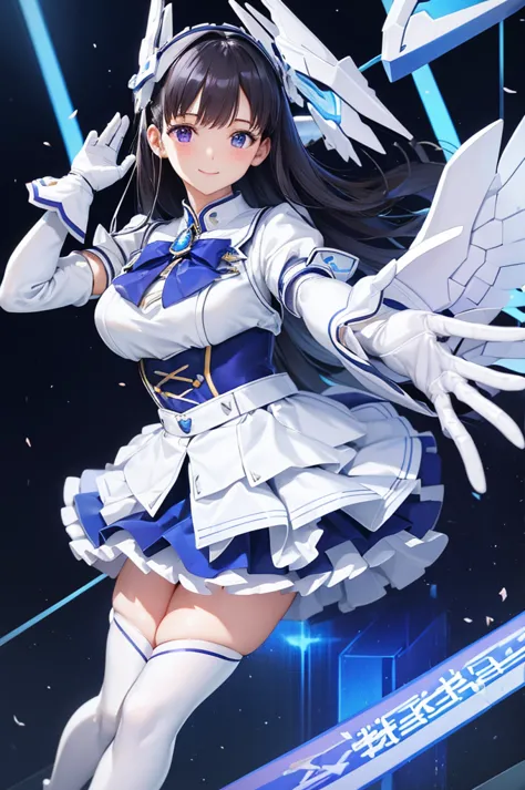 mecha wings、white and blue skirt、accentuated thighs、white tights、chest、beautiful black hair、1 girl、solo girl、thick thighs、is、fra...