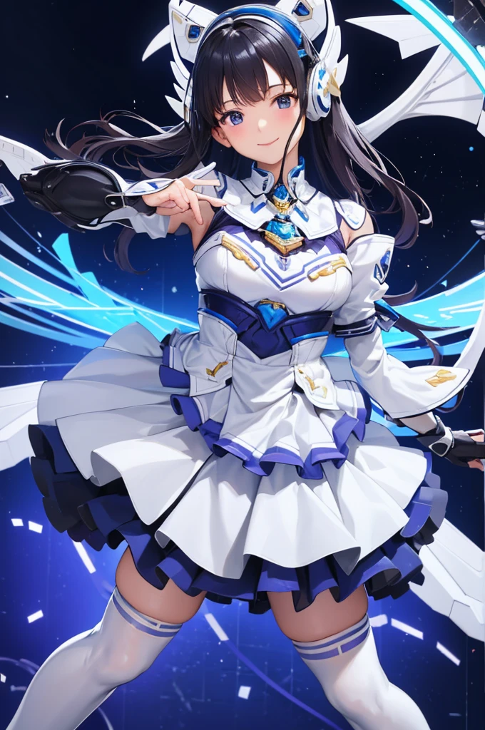 Mecha Wings、White and blue skirt、Accentuated thighs、White tights、chest、Beautiful black hair、1 girl、solo girl、Thick thighs、is、Frame Arms Girl、Alice Gere Aegis、White Armor、Blue and purple lines、income、headphone、hand on own chest、smile、idol costume