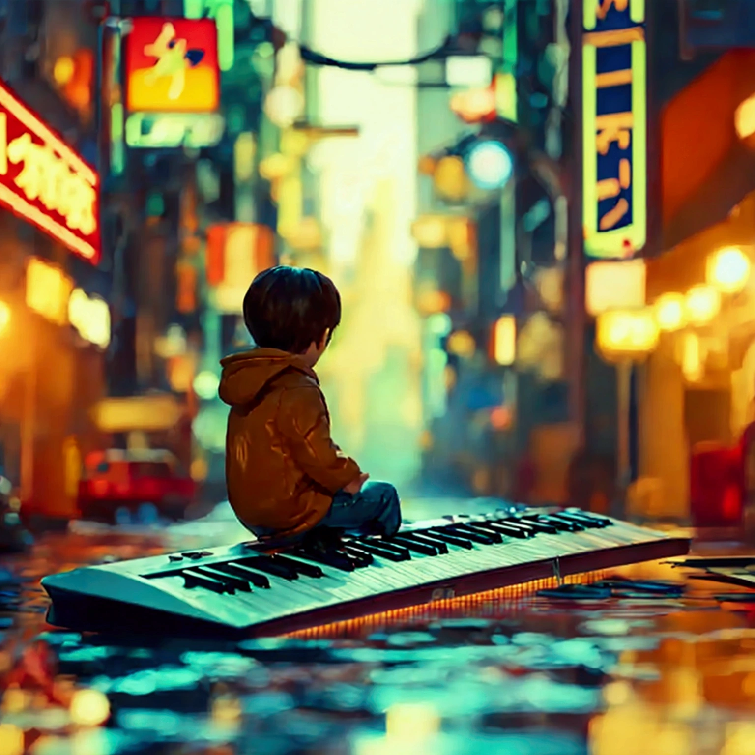 a young boy sitting on a flying eletric keyboard, 1970s tokyo cityscape, frutiger aero font aesthetic, highly detailed, photorealistic, cinematic, dramatic lighting, vibrant colors, award winning 3d art