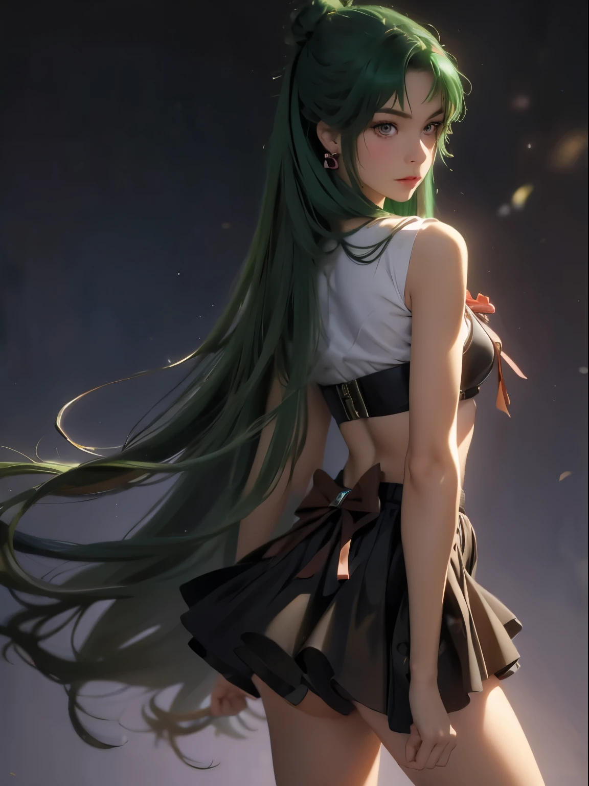 Sailor Pluto, 1 girl, dark green hair, long hair, Brown eyes, detailed eyes, simple background, Feminine focus, alone, standing, Setsuna Middle, portrait, whole body, (Masterpiece: 1.0), (Best Quality: 1.0), (8K Wallpaper: 1.0), (beautiful detailed face: 1.0), (deep eyes detallados), deep eyes, looking at the viewer, Sailor Scout, brown bow on the chest, brown skirt, white gloves,