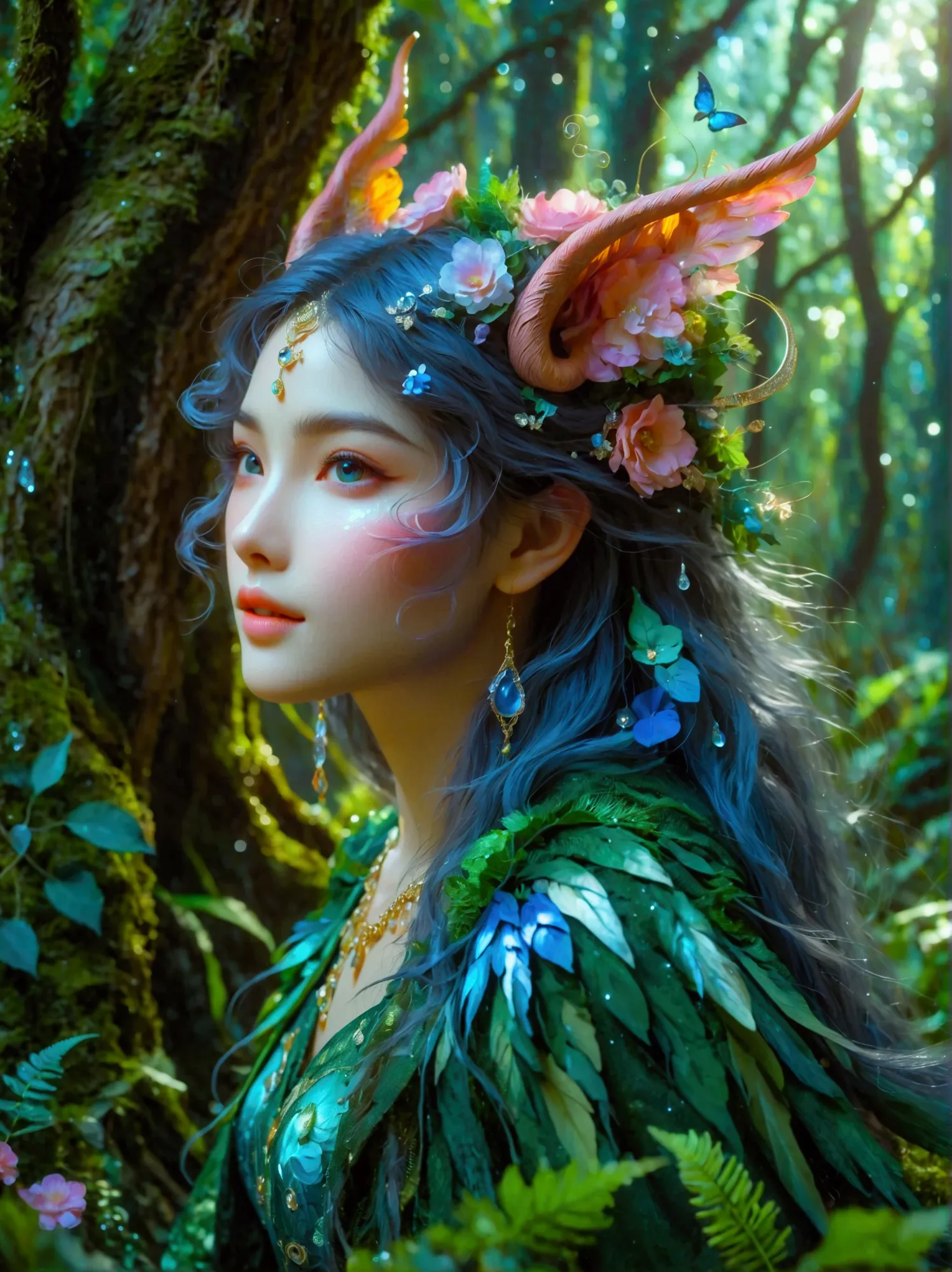 a fantastical creature with feminine qualities stands in a mystical forest. she has voluminous hair, captivating eyes, and adorn...