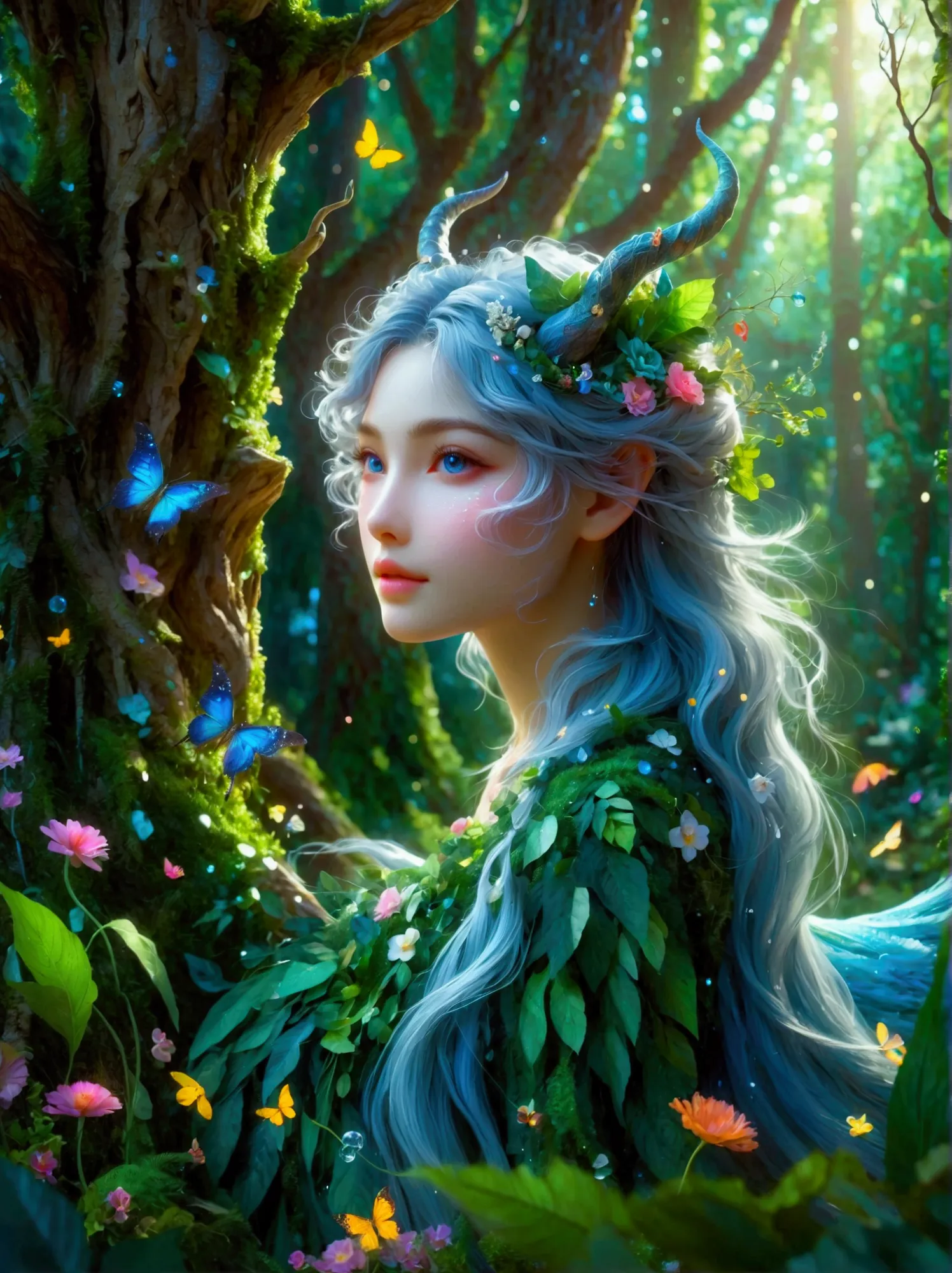 a fantastical creature with feminine qualities stands in a mystical forest. she has voluminous hair, captivating eyes, and adorn...