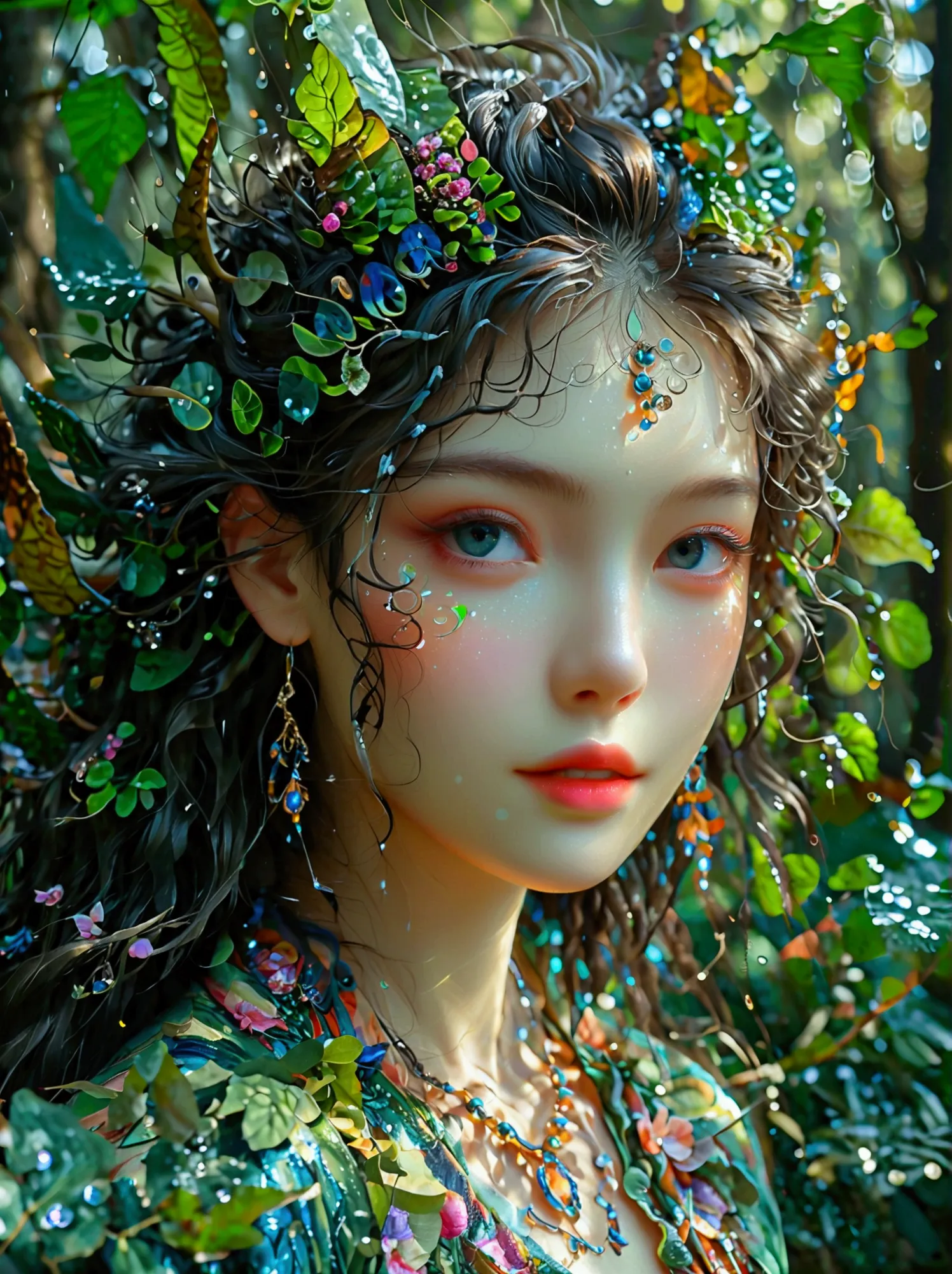 a fantastical creature with feminine qualities stands in a mystical forest. she has voluminous hair, captivating eyes, and adorn...