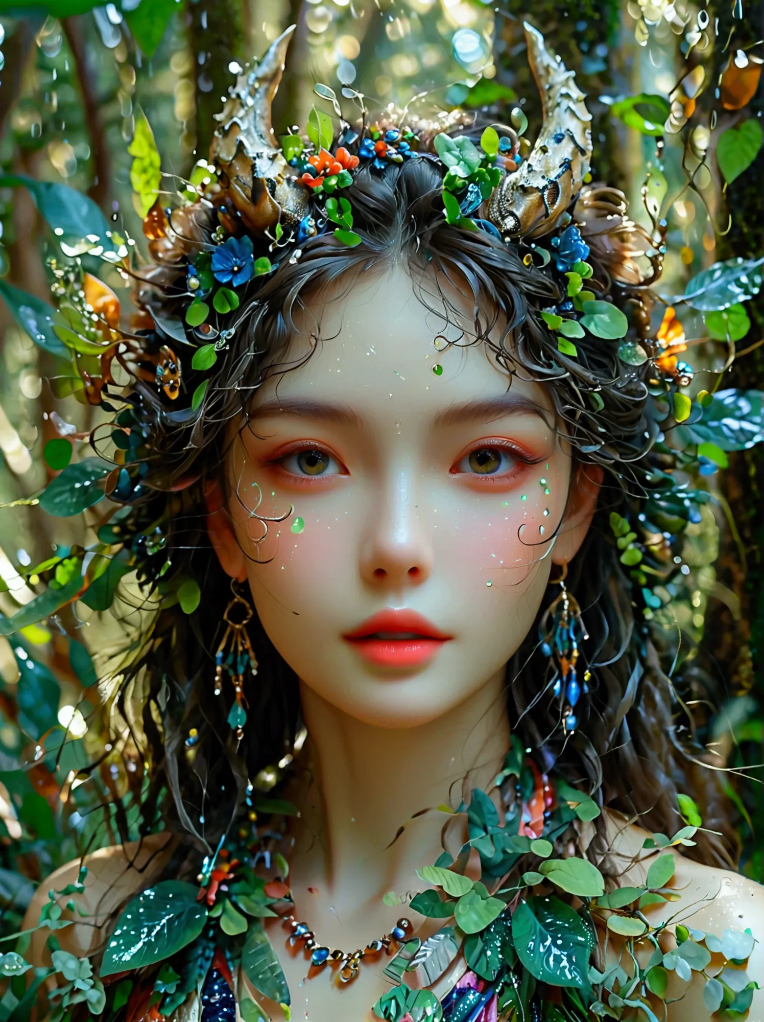 A fantastical creature with feminine qualities stands in a mystical forest. She has voluminous hair, captivating eyes, and adorn...