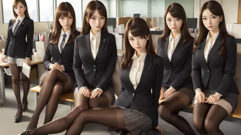 (best quality, masterpiece:1.5), (ultra-detailed, realistic:1.37),4k,(5girls:1.5),japanese,cute,beautiful,(office suits :1.3),(s...