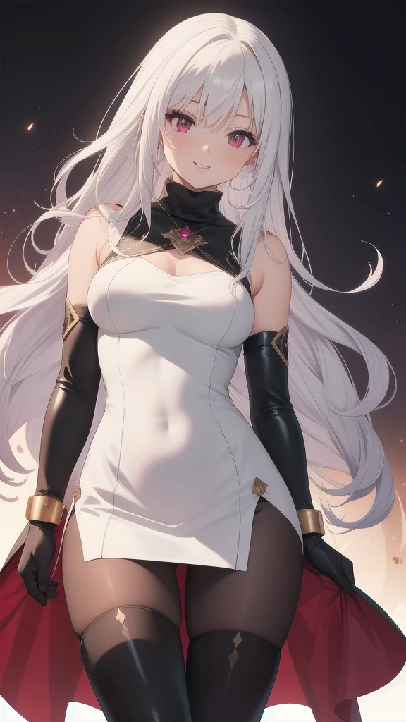 masterpiece, best quality, 1 solo girl, white hair, red eyes, long hair, medium breasts, sexy body and face, wavy hair, smile, parted lips, gradient clothes, dress, elbow gloves, sleeveless, bare shoulders, cape, boots, bracelet, sleeveless dress, ribbon, black gloves, turtleneck, short dress, pantyhose, black footwear, night, sexy pose, cowboy shots, detailed body, face, and eyes, sharp focus, vibrant, creative, dynamic, high definition, high resolution, 8k, (Upscale: R-ESRGAN 4x+ Anime6mage enchance:4x), voluptuous body, cinema lightning, dakimakura style, looking at the viewer,