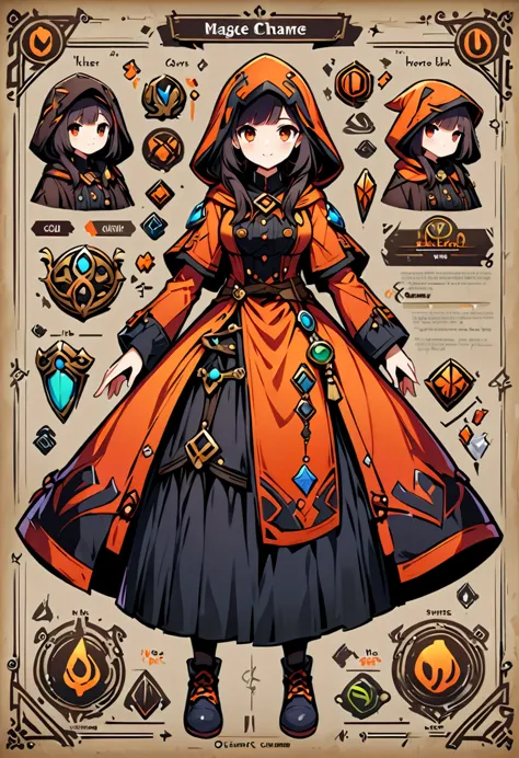 framed presentation of a mage, woman character design sheet for a video game with detailed accessories, shoes, weapons, and dres...