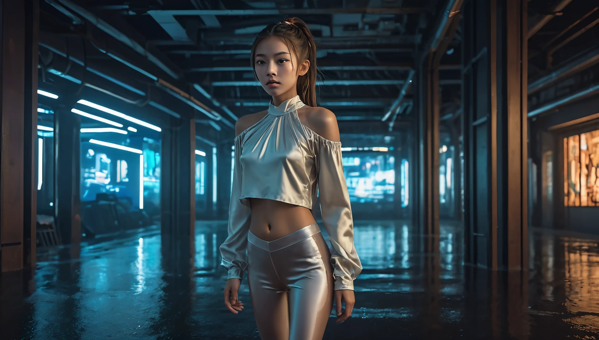 Top Quality, Masterpiece, High Resolution, 8k, (((cute skinny barely legal girl in oversized silk blouse and wetlook leggings, bare belly, wide neckline, deep neckline, small perky breasts, beautiful detailed eyes, beautiful detailed lips, small closed mouth, extremely detailed face, long ponytail hair, small hips))), cyberpunk apartment, moody atmosphere, dramatic and random neon colors, futuristic setting, intricate details, at night, backlit, full body shot, view from distance 