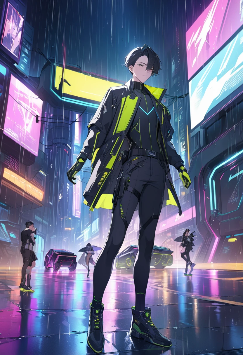 (obra de arte, melhor qualidade, Alta resolução, 32 mil drive wallpaper, CG extremamente detalhado:1), (Ilustrações fracas no palco:1.0), ((1 cyberpunk jovem e bonito:1.5 dançando na chuva:1.7 )),(( Cidade noturna ciberpunk:1.4)), Carro futurista de sinal de néon,isto&#39;está chovendo em um lugar escuro, ((Roupas molhadas Luzes neon magenta iluminam perfeitamente o jovem:1.45) . 32 mil