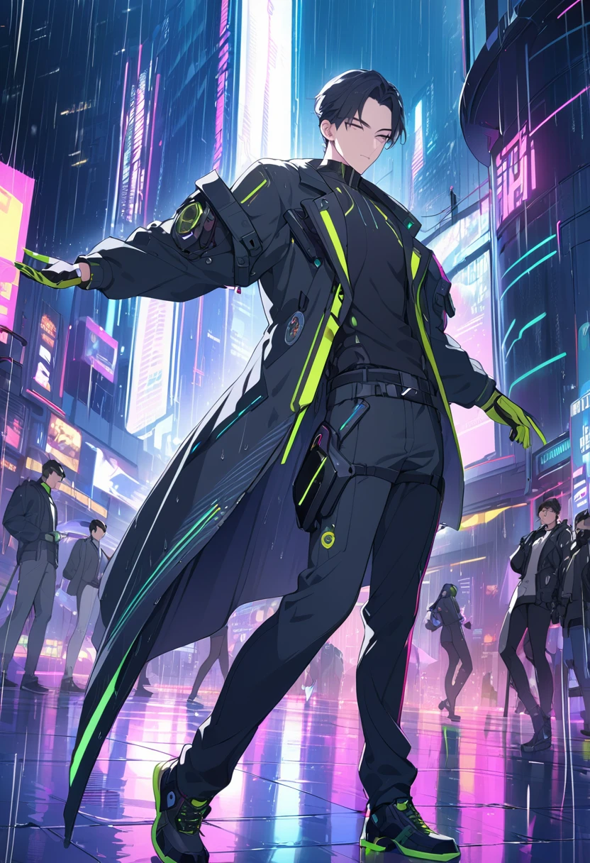 (masterpiece, best quality, high resolution, 32k drive wallpaper, Extremely detailed CG:1), (Weak illustrations on stage:1.0), ((1 young and handsome cyberpunk:1.5 Dancing in the Rain:1.7 )),(( Cyberpunk Night City:1.4)), Neon sign futuristic car,It&#39;s raining in a dark place, ((Wet Clothes Magenta Neon Lights Perfectly Illuminate the Young Man:1.45) . 32k