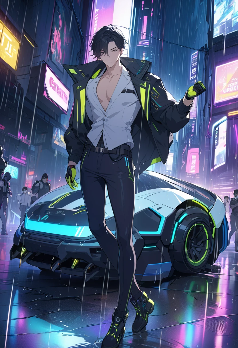 (Meisterwerk, beste Qualität, Hohe Auflösung, 32k-Laufwerk-Hintergrundbild, extrem detaillierte CG:1), (Schwache Illustrationen auf der Bühne:1.0), ((1 young and handsome cyberpunk:1.5 Tanzen im Regen:1.7 )),(( Cyberpunk Night City:1.4)), Neon-Schild futuristisches Auto,Es&#39;Es regnet an einem dunklen Ort, ((Nasse Kleidung Magenta Neonlichter erhellen den jungen Mann perfekt:1.45) . 32k