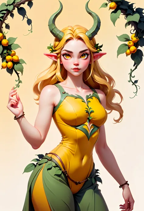 simple style, valorant style,haracter concept art,  yellow medieval summer girl, concept, vines on the hand and horns from vines
