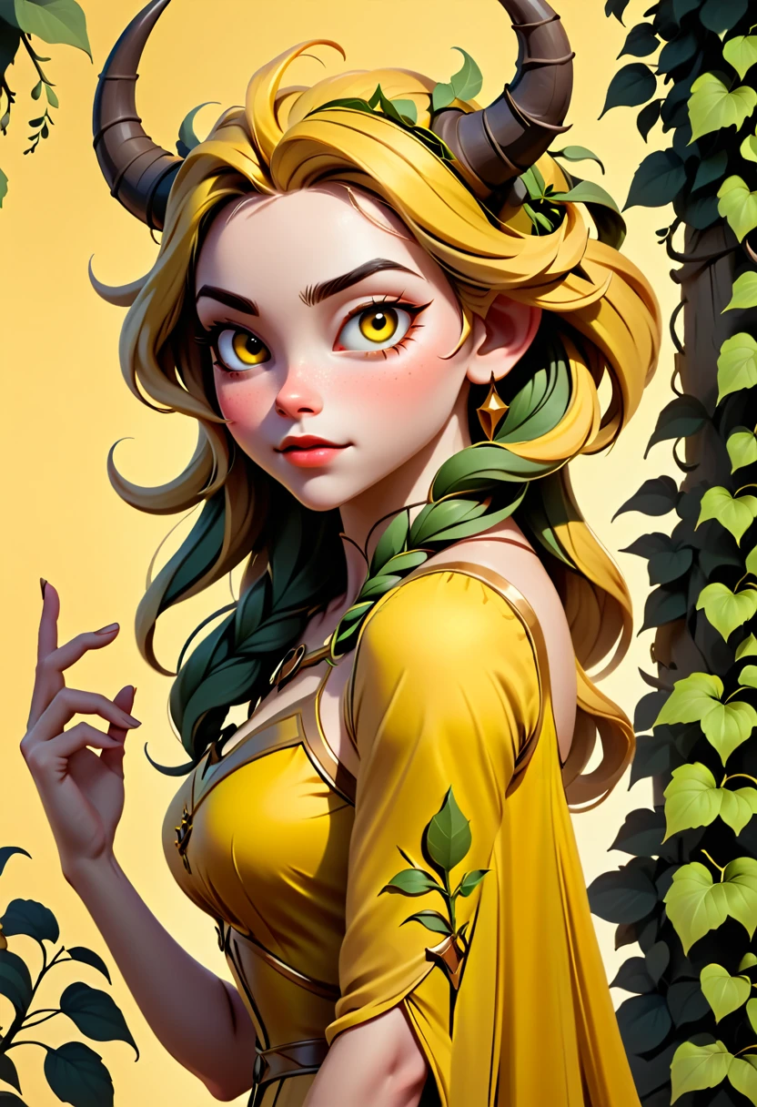 简约风格, 勇猛风格,haracter 概念 art,  黄色的中世纪夏日女孩, 概念, 手上的藤蔓和藤蔓长出的角