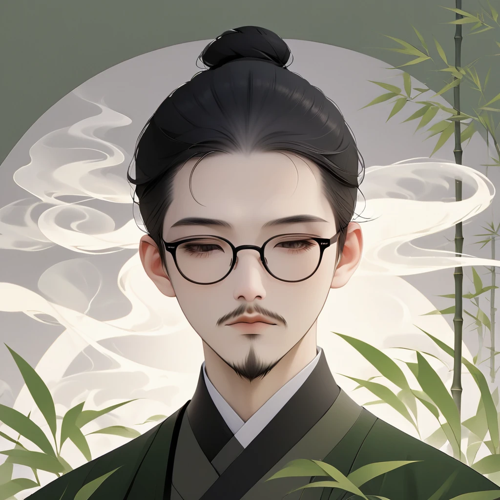 (masterpiece, best quality:1.2), alone,Minimalist Art Nouveau，illustration style，Black and gray，bamboo，Chinese elements，an Asian man with stubble, short beard, short mustache, Beard scum, slightly curly hair, and black square plastic-framed glasses