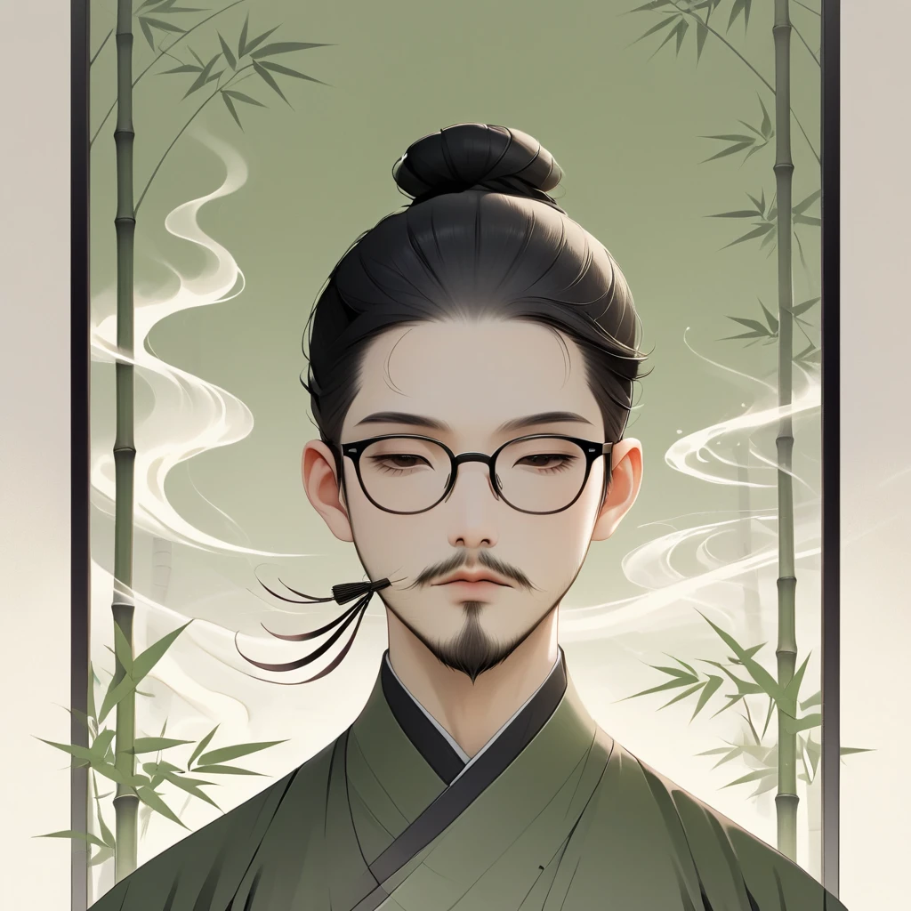 (masterpiece, best quality:1.2), alone,Minimalist Art Nouveau，illustration style，Black and gray，bamboo，Chinese elements，an Asian man with stubble, short beard, short mustache, Beard scum, slightly curly hair, and black square plastic-framed glasses