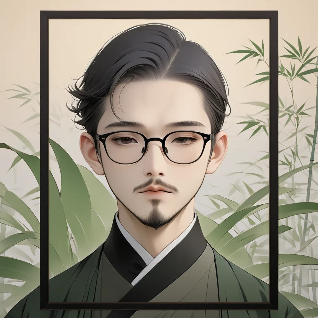 (masterpiece, best quality:1.2), alone,Minimalist Art Nouveau，illustration style，Black and gray，bamboo，Chinese elements，an Asian man with stubble, short beard, short mustache, Beard scum, slightly curly hair, and black square plastic-framed glasses