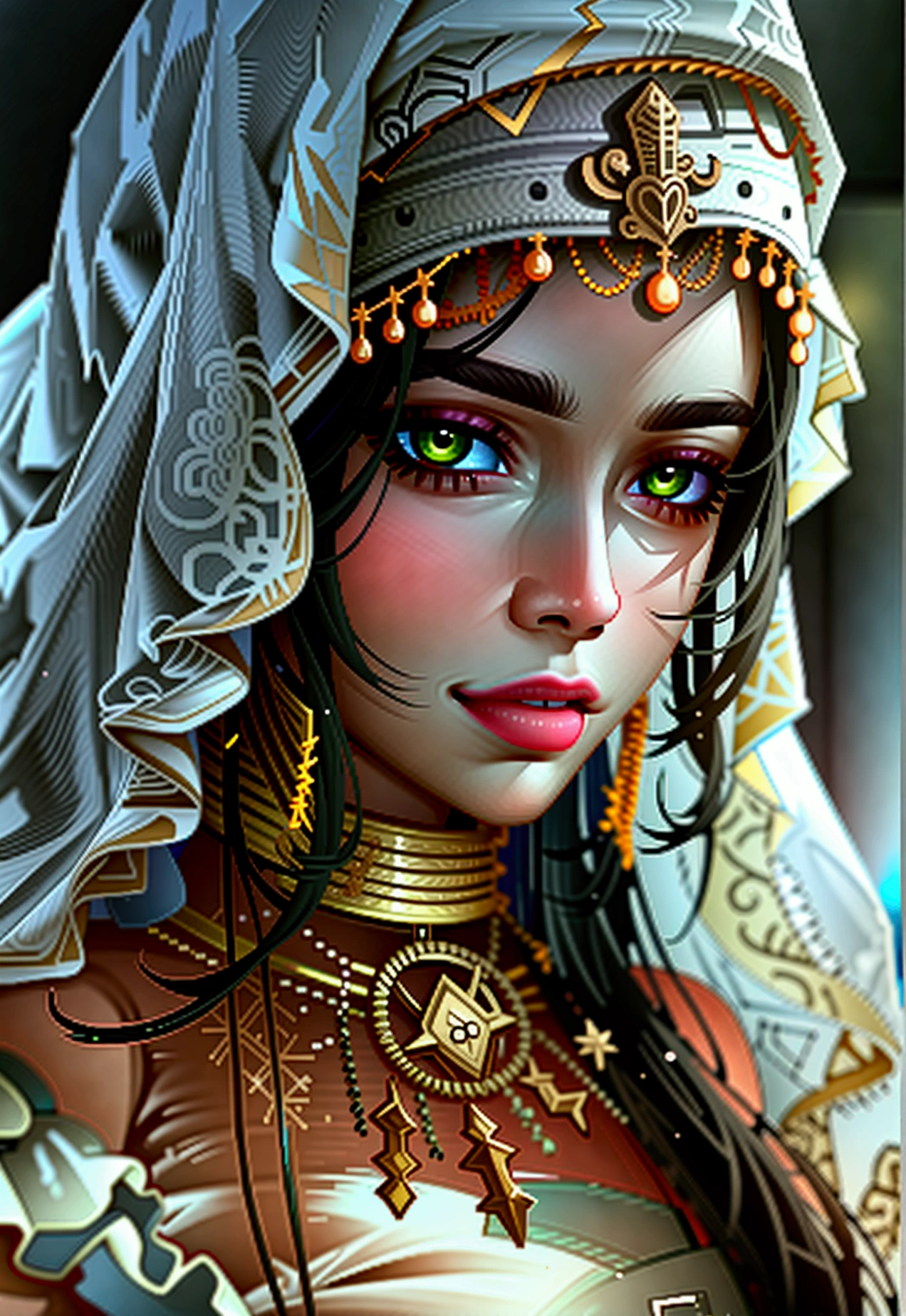 1girl, solo, stelle (honkai: star rail), upper body, looking down, eyeliner, solid ees, sharp eyes, herat-shaped pupils, emotionless, disgusted face, disgusted eyes, very long hair, belly dancer outfit, turban, brancer, brooch, neck ring, circlet, bridal gautles, (crop top), veil, mouth veil, pelvic curtain, stomach, sash, thighlet, dancer, black background, perfect face, perfect hands, perfect fingers, non human fingers, perfect design, perfect detailed eyes, beautiful detailed eyes, top quality, best quality, masterpiece, detailed outfit, super detailed, ultra detailed, highly detailed, cinematic lighting, perfect anatomy, CG:1.9, ultra detailed:1.9, ultra-detailed:1.9, high resolution:1.9, high res:1.9, absurdres:1.9, masterpiece:2, high quality:2, best quality:2, (ultra-detailed), (illustration), (disheveled hair), (beautiful detailed eyes), beautiful, amazing, detailed eyes, (masterpiece), best quality, ((ultra-detailed)), ((an extremely detailed and delicate)), (8k cg wallpaper), (stunning art), ((illustration))