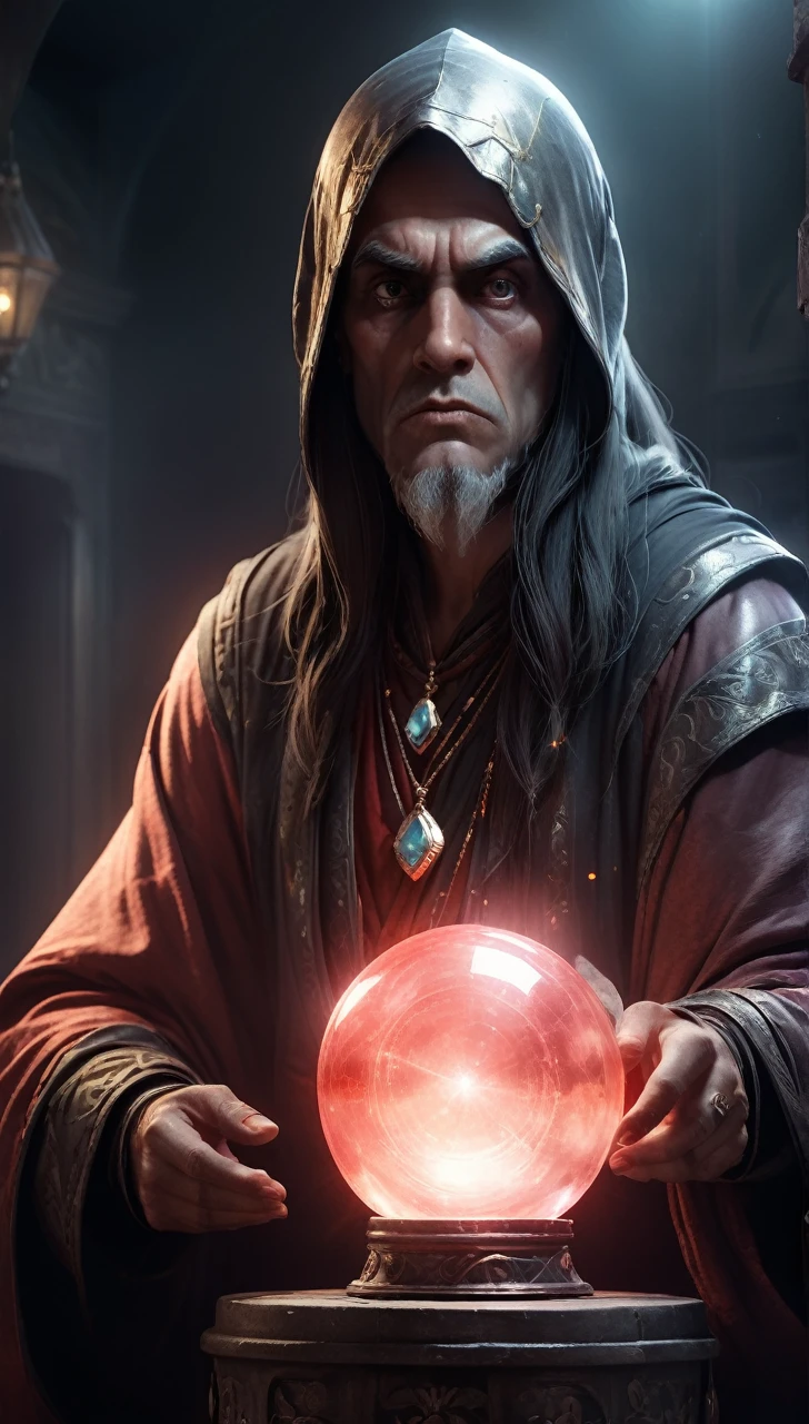 high resolution　high quality　Reality　suspicious　Giant fortune teller　In front of a round crystal　Intimidation　Upper Body　Looming　metallic　Transparency　Facing forward　suspicious雰囲気　Dark atmosphere　Upper Body　Close-up of face　Skinhead　Bloodshot eyes