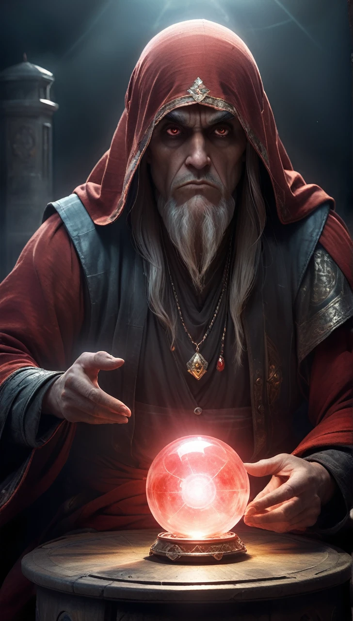 high resolution　high quality　Reality　suspicious　Giant fortune teller　In front of a round crystal　Intimidation　Upper Body　Looming　metallic　Transparency　Facing forward　suspicious雰囲気　Dark atmosphere　Upper Body　Close-up of face　Skinhead　Bloodshot eyes