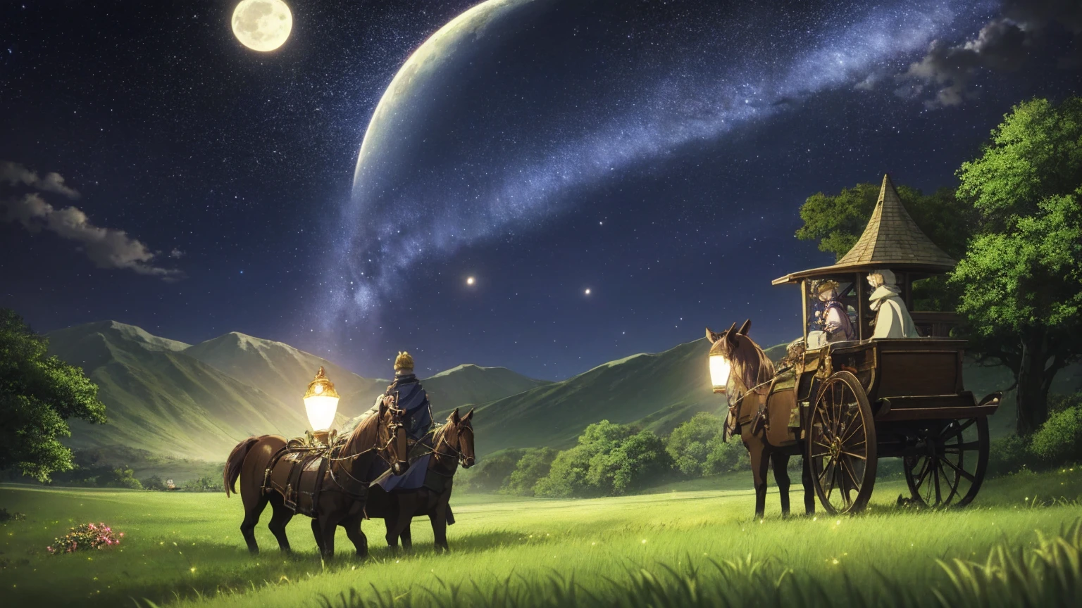 A 16:9 anime-style illustration depicting a male and female adventurer traveling in a horse-drawn carriage through a fantastical grassland at night. The adventurers are dressed in fantasy attire, including cloaks and light armor, and are sitting in the carriage together, closely interacting. The grassland is illuminated by the moon and stars, creating a magical glow. There are glowing flowers, fireflies, and distant mountains under the night sky. The atmosphere is serene and full of mystery, with the focus on the two adventurers and their journey.