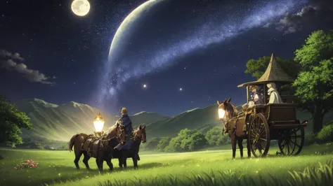 A 16:9 anime-style illustration depicting a male and female adventurer traveling in a horse-drawn carriage through a fantastical...