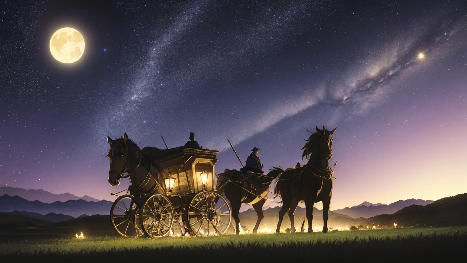 A 16:9 anime-style illustration depicting a male and female adventurer traveling in a horse-drawn carriage through a fantastical grassland at night. The adventurers are dressed in fantasy attire, including cloaks and light armor, and are sitting in the carriage together, closely interacting. The grassland is illuminated by the moon and stars, creating a magical glow. There are glowing flowers, fireflies, and distant mountains under the night sky. The atmosphere is serene and full of mystery, with the focus on the two adventurers and their journey.