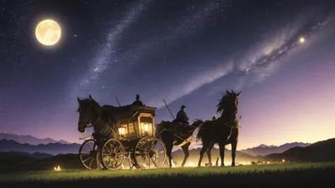 A 16:9 anime-style illustration depicting a male and female adventurer traveling in a horse-drawn carriage through a fantastical...