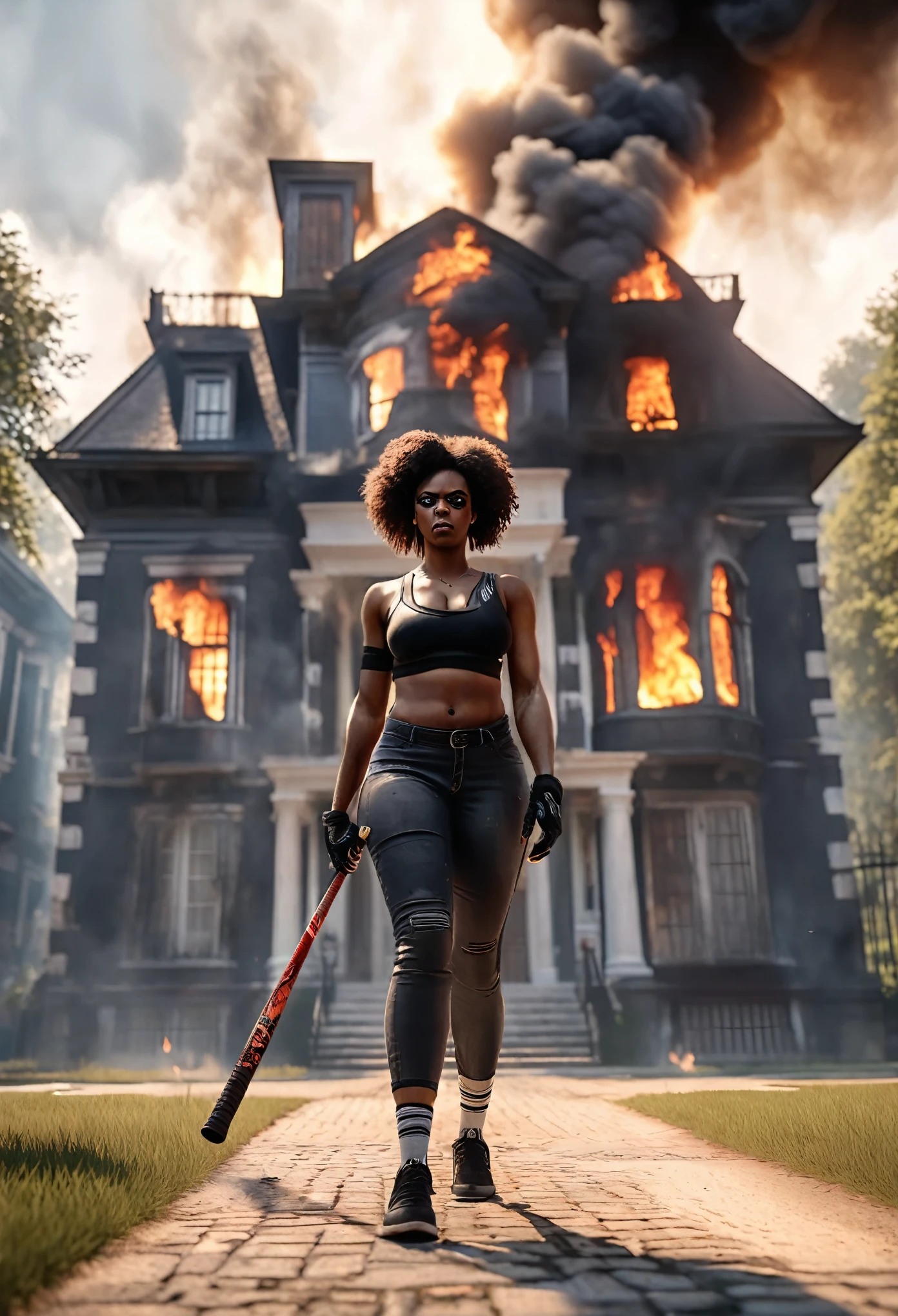 Angry black woman with a baseball bat, walking towards the viewer,  burning mansion in the background with huge smoke, angry, 32k, ultra HD, unreal engine rendered, cinematic lighting 