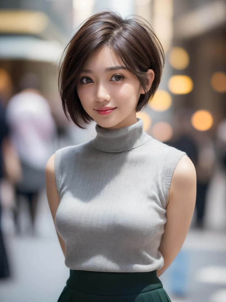 (highest quality, table top, 8K, best image quality, Award-winning work), one beautiful woman, 25 years old, (alone:1.1), perfect beautiful composition, (big and full breasts:1), perfect fit, (emphasize body line:0.7), (very short cut hair:1.6), (Perfect thick turtleneck sleeveless knit sweater:1.2), (Elegant melton skirt:1.2), (full body photo:1.1), (facing right:2), (looking away from the camera:2), (smiling very happily:1), (Strongly blurred precise daytime Shibuya background:1.1), glamorous body, stand gracefully, droopy eyes, natural makeup, Ultra high definition beauty face, Ultra HD Hair, Ultra-high definition sparkling eyes, Super high resolution glossy lips, accurate anatomy, (very bright and vivid:1.3), natural candid photo