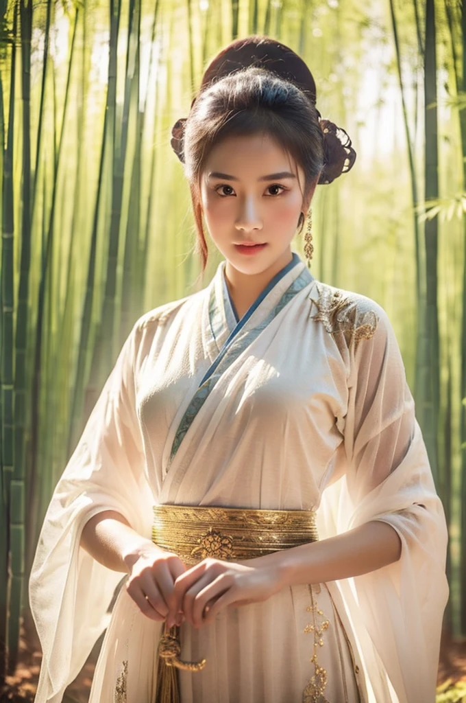 best quality, 8k, very delicate and beautiful, highly detailed face and skin texture, shiny skin, high resolution, beautiful chinese girl in chinese traditional costume stand at bamboo forest, grab a sword, sharp focus