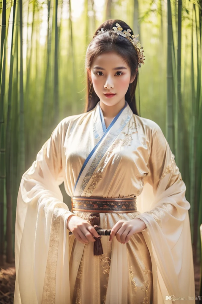 best quality, 8k, very delicate and beautiful, highly detailed face and skin texture, shiny skin, high resolution, beautiful chinese girl in chinese traditional costume stand at bamboo forest, grab a sword, sharp focus