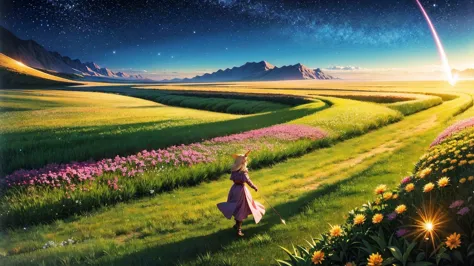 A 16:9 anime-style illustration depicting a female elf adventurer traveling through a fantastical grassland at night. The elf is...