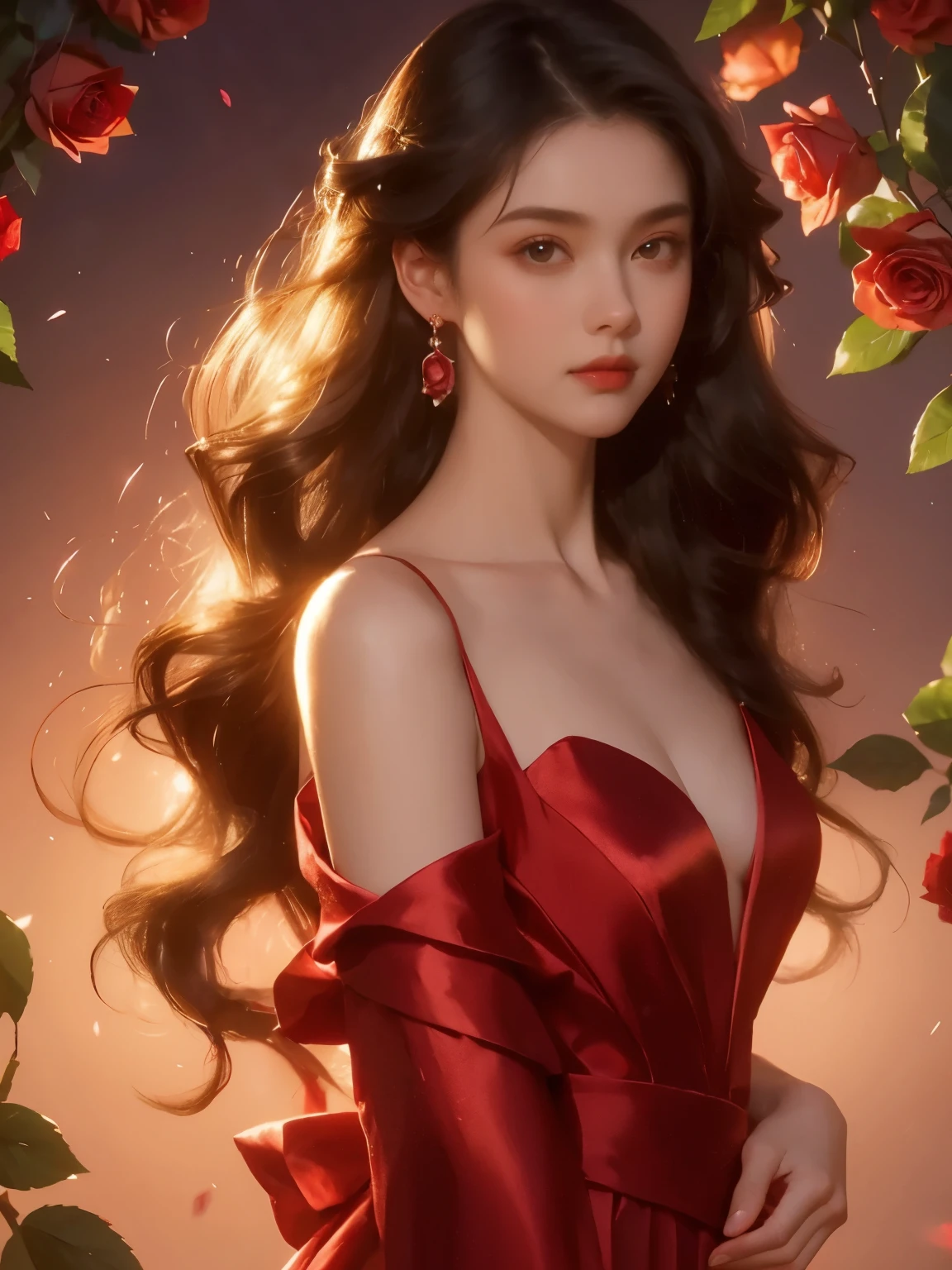 bust，A richly dressed woman stands sideways and looks towards the camera，2，Slightly curly long hair，Red evening dress，Background is pink rose flowers from，Beautiful and delicate face