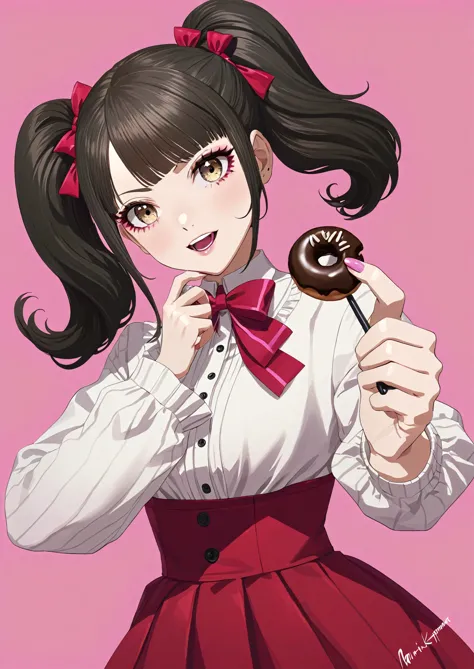 anime girl with a red bow tie holding a chocolate donut, akane owari danganronpa, chiaki nanami from danganronpa, , marin kitaga...