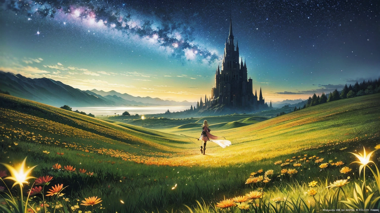 A 16:9 anime-style illustration depicting a female elf adventurer traveling through a fantastical grassland at night. The elf is dressed in elegant, fantasy attire, including a cloak and light armor, and is carrying a bow and quiver of arrows. She is walking along a path illuminated by the moon and stars, creating a magical glow. The grassland is filled with glowing flowers, fireflies, and distant mountains under the night sky. The atmosphere is serene and full of mystery, highlighting the elf's journey through the enchanting landscape.