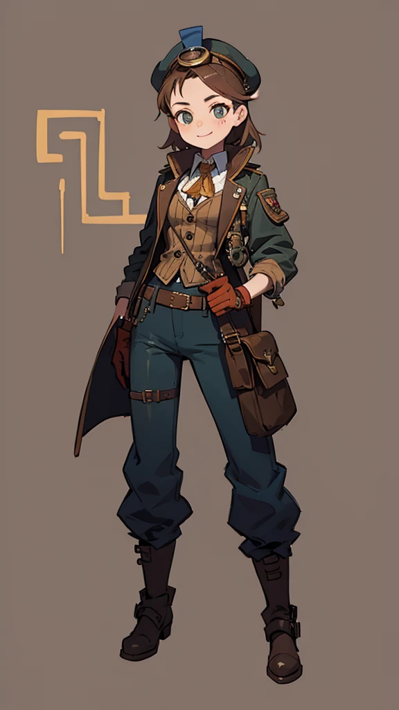 1.steampunk,15 years old,,Goggles on the forehead,A fake smile,gloves,whole body,boots,pants,hat,girl
