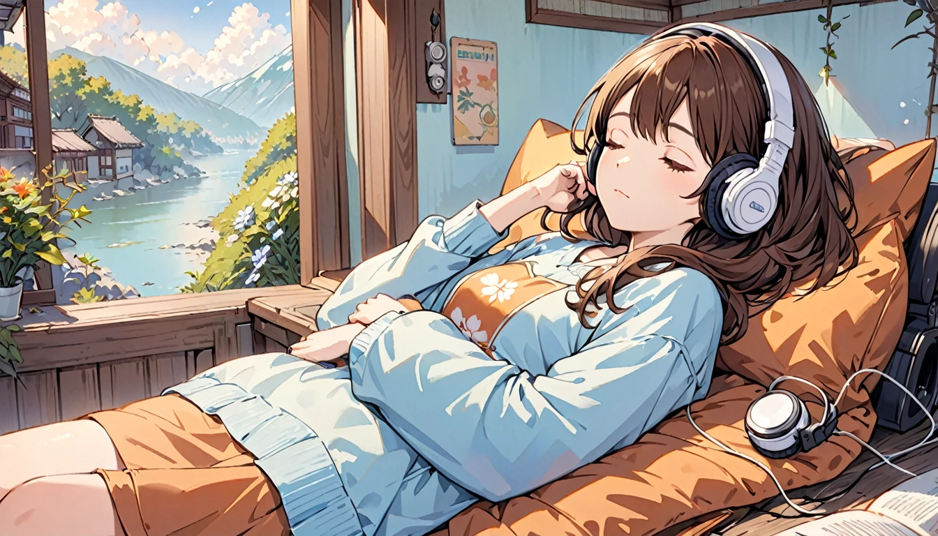  Girl wearing headphones,Brown Hair,1 person,Detailed Background,Relaxed and sleeping